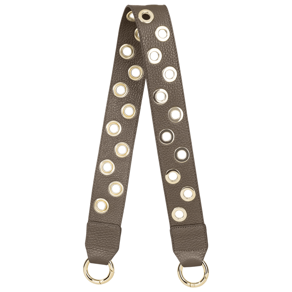 BAG STRAP - Berlin fango Niete - light gold - Italian suede leather with studs - full lenght view - TIEFENBACHER LEHMANN