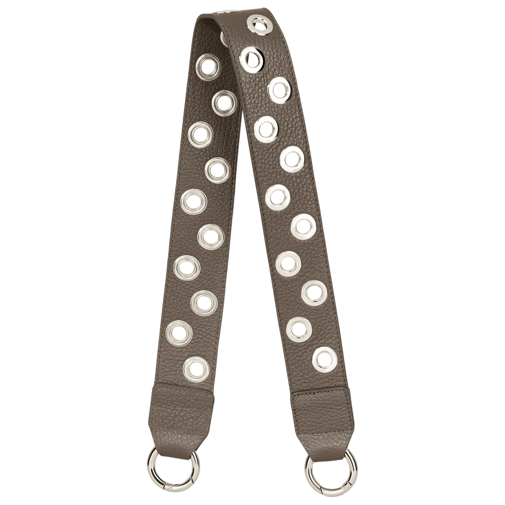 BAG STRAP - Berlin fango Niete - silver - Italian suede leather with studs - full length view - TIEFENBACHER LEHMANN