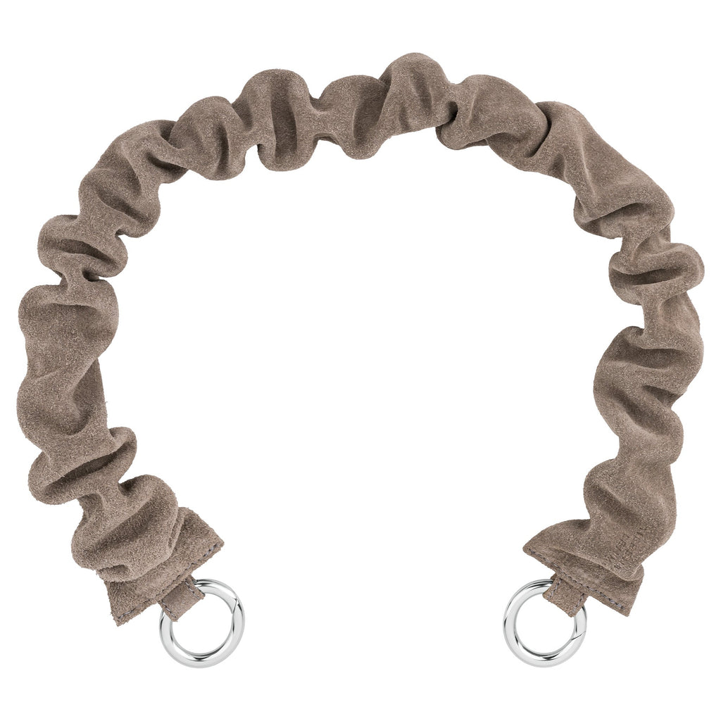BAG STRAP - Scrunchie moonbeam grey - ruffled Italian suede - full length view - TIEFENBACHER LEHMANN
