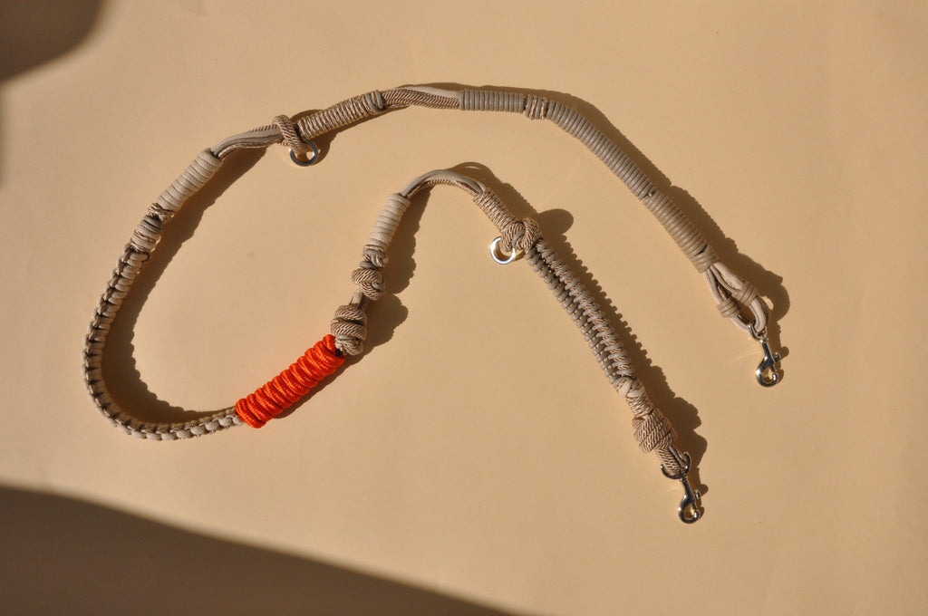 HUNDELEINE - Barcelona DOG leash taupe/orange - colourful design - full length view - TIEFENBACHER LEHMANN