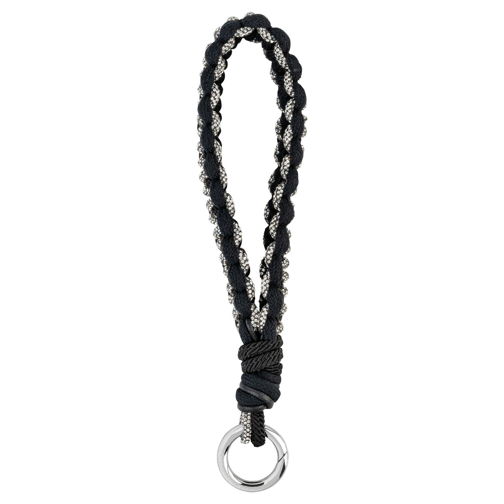 KEY CHAIN & BAG CHARM Cannes black - full length view - braided nylon & cotton with rhinestones - TIEFENBACHER LEHMANN