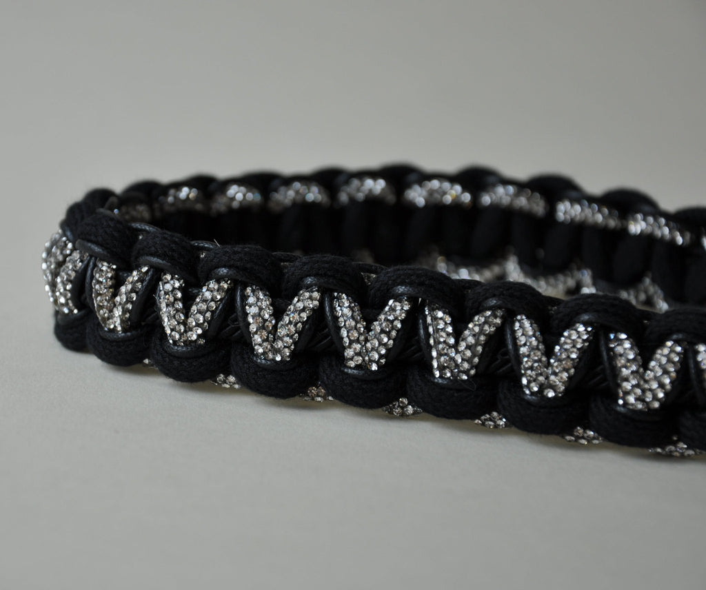 KEY CHAIN & BAG CHARM Cannes black - close up - braided nylon & cotton with rhinestones - TIEFENBACHER LEHMANN