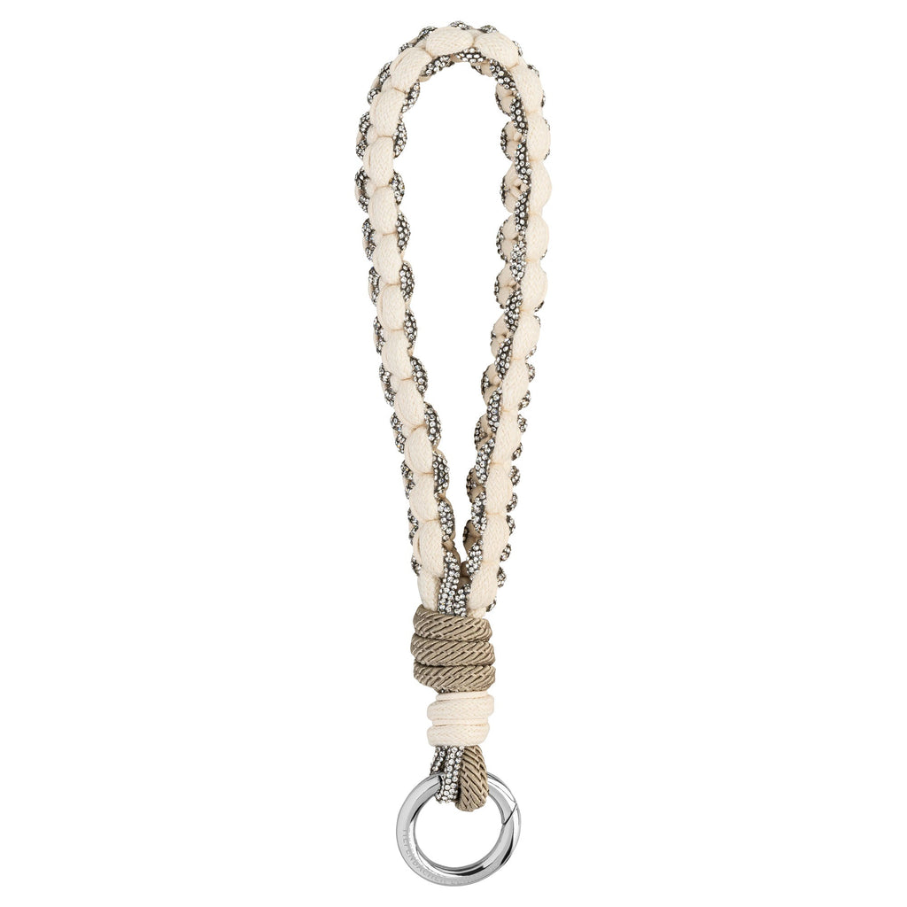 KEY CHAIN & BAG CHARM Cannes cream - full length view - braided nylon & cotton with rhinestones - TIEFENBACHER LEHMANN