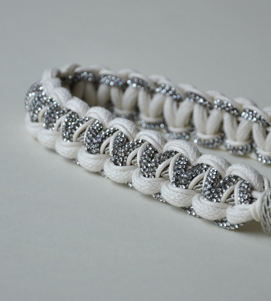 KEY CHAIN & BAG CHARM Cannes cream - close up - braided nylon & cotton with rhinestones - TIEFENBACHER LEHMANN