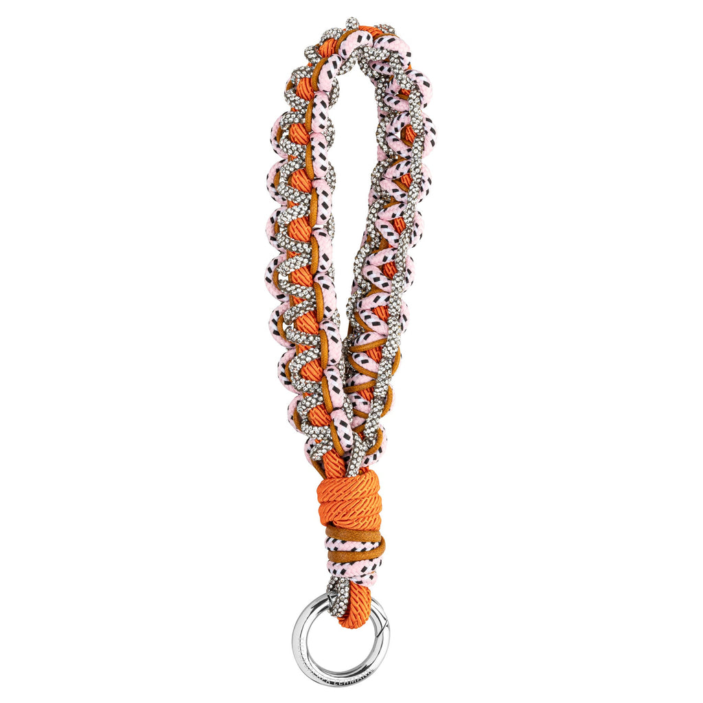 KEY CHAIN & BAG CHARM Cannes orange/pink - full length view - braided nylon & cotton with rhinestones - TIEFENBACHER LEHMANN